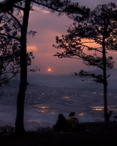 two people are sitting on a hill overlooking the city at sunset or sunrise, with trees and lights in the foreground