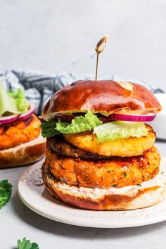 a chicken burger with lettuce, tomato and onion on a plate next to another sandwich