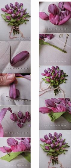 the process of making tulips is shown in multiple stages, including cutting them into flowers