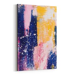 an abstract painting with blue, pink and yellow colors