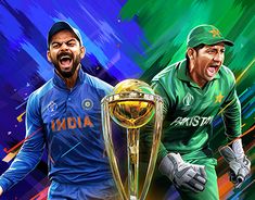 two men in green and blue uniforms are holding up the cricket world cup, with their hands