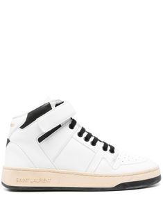 white/black calf leather panelled design round toe perforated toebox logo-debossed tongue branded heel counter padded ankle branded insole logo at the rubber sole front touch-strap over lace-up fastening Saint Laurent Sneakers, Mid Top Sneakers, Versace Outfit, White Sneakers Women, Iconic Bags, Latest Sneakers, Perforated Leather, Distressed Leather, Ballet Flat Shoes