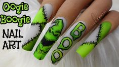 Oogie Boogie Nail Art / Nail Art Tutorial / Nightmare Before Christmas Nail Art YouTube Halloween Nails Acrylic Oogie Boogie, Oogie Boogie Nail Art Tutorial, Crazy Halloween Nails Design, Boogeyman Nails, Oggie Boggie Nail Designs, Zero Nails Nightmare Before Christmas, Ogie Bogie Nails, Oogie Boogie Nail Art, Ophir Boogie Nails