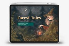 the forest tales website is displayed on a tabletop with an image of a witch holding a lantern