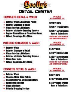 the flyer for scotty's detailing and detailing center, which is located in an area