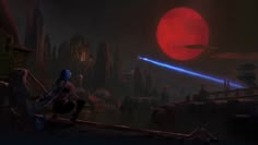 an image of a sci - fi scene with a red moon in the background