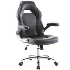 an office chair with black leather upholstered seat