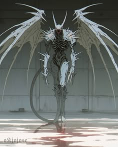 an anime character with large wings standing in front of a building