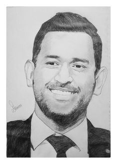 a pencil drawing of a man in a suit and tie smiling at the camera with a smile on his face