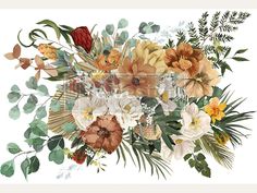 a bouquet of flowers and leaves on a white background