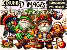 thanksgiving gnomes are sitting on a bench together