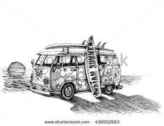 a drawing of a van with surfboards on the roof parked in front of it