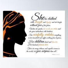 a woman's profile with the words she is clothed in orange and black poster