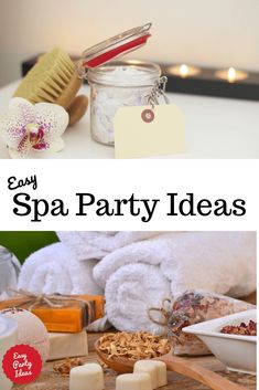 spa party ideas with candles, soaps and other items on a table in front of them