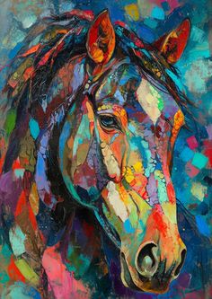 a painting of a horse with multicolored paint on it's face and head