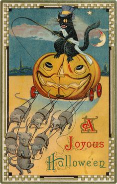 a vintage halloween card with a cat on top of a jack - o'- lantern