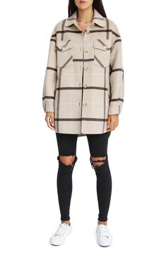 Slip-on this oversized, wool-blend shacket for the easiest, on-trend layering. 35" length (size S) Spread collar Long sleeves Button front Chest flap pockets Allover print 60% wool, 40% polyester Dry clean Imported Model stats: 5'10" height, 32" bust, 25" waist, 36" hip. Model is wearing size S Wool Shacket With Pockets For Fall, Fall Wool Shacket With Pockets, Beige Button-up Shacket For Fall, Beige Collared Shacket For Fall, Collared Beige Shacket For Fall, Oversized Beige Wool Coat Casual Style, Casual Oversized Beige Wool Coat, Casual Wool Shacket For Fall, Plaid Long Sleeve Wool Coat For Fall