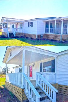 before and after shots of a mobile home with porch, covered patio, and deck