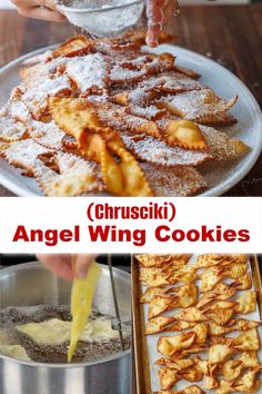 an image of angel wing cookies being served on a platter with powdered sugar