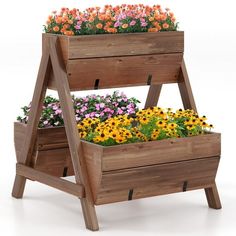 three tiered wooden planter with flowers on each side and bottom shelf for storage