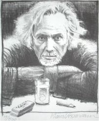 a drawing of an old man sitting at a table with a cup and cell phone