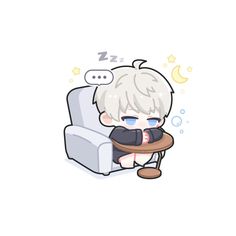 an anime character sitting in a chair with a pillow on it's back and sleeping