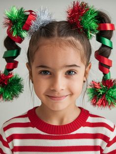 Little Kid Christmas Hair, Crazy Holiday Hair Christmas, Crazy Hair Day Ideas Christmas, Crazy Hair Christmas Ideas, Christmas Hair Styles Easy, Toddler Christmas Hair, Crazy Hair Day Ideas For Girls Easy, Crazy Hair Day Christmas, Christmas Crazy Hair Day