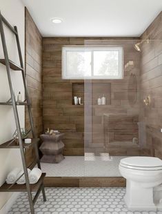 a bathroom with wooden walls and tile flooring