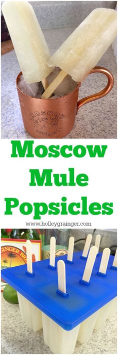 popsicles are sitting on top of a blue tray with the words moscow mule popsicles