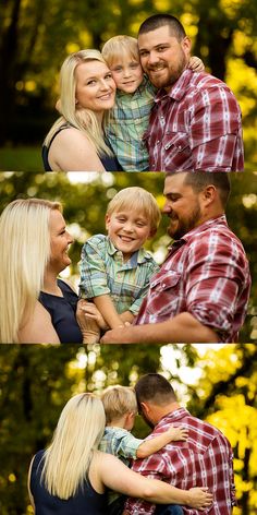 a man and woman holding a small boy in their arms while they are smiling at each other