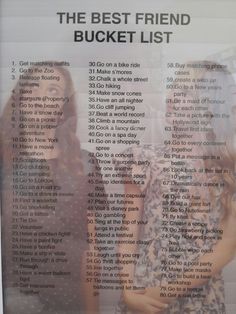 two women standing next to each other in front of a sign that says the best friend bucket list