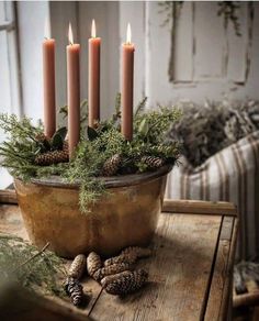 a potted plant with pine cones and candles in it sitting on a wooden table