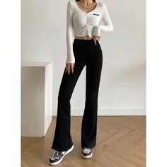 Casual Slim Elastic Black Bootcut Pants - SweatshirtsHoodies.com Non-stretch Flare Bottoms For Winter, Casual Winter Elastane Pants, Mid-rise Black Pants For Fall, Black Elastane Pants For Fall, Black Elastane Pants For Winter, Black Flare Pants For Winter, Black Flare Winter Pants, Casual Flare Bottoms With High Stretch, Casual Flare High Stretch Bottoms