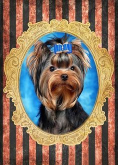 a painting of a dog with a blue bow on it's head in a gold frame