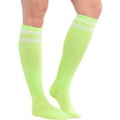 Pull on our Neon Yellow Stripe Athletic Knee-High Socks for some instant team spirit! These athletic knee-high socks feature allover highlighter yellow with two white stripes at the top. They reach all the way up to your knees for a look that's both sexy and demure!  Neon Yellow Stripe Athletic Knee-High Socks product details:  Each measures 19in long Fits men's shoe sizes 4 1-2 to 7 1-2 and women's shoe sizes 5 1-2 to 9 1-2  52% acrylic 39% polyester 6% rubber 2% spandex 1% other fiber  Hand wa Trendy Sports Socks For Spring, Sports Socks For Spring, Spring Sports Socks With Stretch, Stretch Sports Socks For Spring, Sporty Thigh High Socks, Yellow Sporty Socks For Sports, Sporty Green Socks For Spring, Frog Costume, Green Halloween