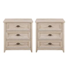 two wooden nightstands side by side with drawers