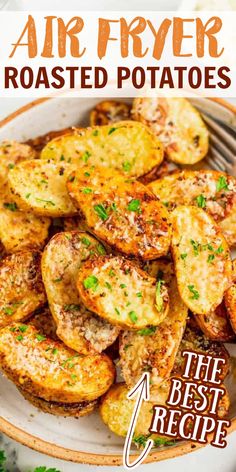 the best air fryer roasted potatoes recipe on a plate with parsley in the background