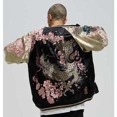 Japanese Floral Bomber Jacket | Eiyo Kimono Sakura Dragon, Japanese Inspired Fashion, Harajuku Jacket, Sukajan Jacket, Japanese Jacket, Kimono Yukata, Souvenir Jacket, Japanese Outfits, Embroidered Jacket