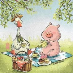 two pigs are sitting on a picnic blanket and having tea while another pig is standing next to them