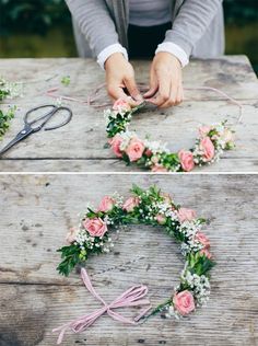 two pictures of flowers and scissors on a table with one being cut into the wreath