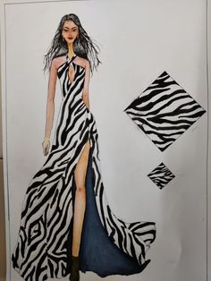 a drawing of a woman in a zebra print dress with high slits and black boots