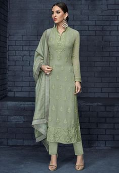 Straight Salwar, Grayish Green, Kameez Designs, Look Festival, Straight Cut Pants, Utsav Fashion, Salwar Kameez Designs, Pakistani Suits, Pant Suit