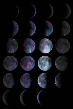 several phases of the moon are shown with stars in the sky behind them and on top of each other