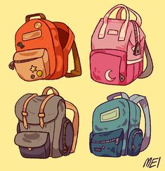 four different colored backpacks on a yellow background