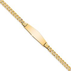 14k yellow gold soft diamond shape curb link ID bracelet. Measures approximately 1/8 of an inch in width and has a lobster claw clasp. Gold Nameplate Curb Chain Bracelet, Yellow Gold Bracelet With Curb Chain And Nameplate, Yellow Gold Bracelet With Rectangular Curb Chain, Formal Gold Bracelet With Rectangular Curb Chain, 14k Gold Bracelet With Curb Chain And Nameplate, Id Bracelets, True Self, Diamond Shape, Bracelet Sizes