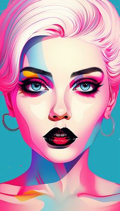 a digital painting of a woman with pink hair and blue eyes, wearing bright makeup