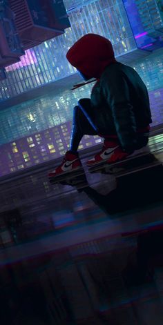 a young boy sitting on top of a skateboard in front of a cityscape