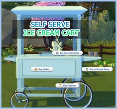 an ice cream cart with the words self serve on it's front and side