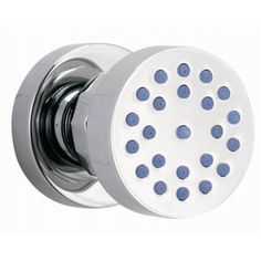 an image of a shower head with blue dots on the knob and chrome plated finish