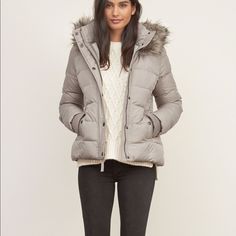 A&F Light Gray Puffer Jacket Faux Fur Hood Condition: Like New Color: Slate / Off White / Light Gray Features: - Lined - Faux Fur Hood - A&F Emblem And Logo On Front Bundle To Save Smoke Free Home Hooded Puffer Jacket With Faux Fur Lining For Fall, Fall Puffer Jacket With Faux Fur Lining, Casual Fall Puffer Jacket With Faux Fur Trim, Fall Outerwear With Faux Fur Trim For Cold Weather, Fall Hooded Jacket With Faux Fur Trim, Fitted Outerwear With Faux Fur Lining For Winter, Fitted Winter Outerwear With Faux Fur Lining, Winter Outerwear With Detachable Hood For Fall, Hooded Puffer Jacket For Winter Workwear